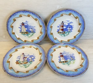 Fitz & Floyd Omnibus Shore Lights 8" Salad Plates Lighthouse Sailboats Set of 4 - Picture 1 of 12