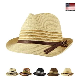 Womens Mens Summer Beach Panama Straw Fedora Trilby Upturn Short Brim Cap Hat - Picture 1 of 12