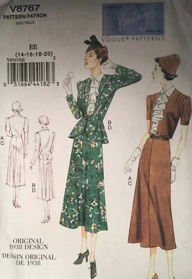 NEW/VINTAGE 2011 VOGUE RETRO 1938 JACKET DRESS & BELT PATTERN V8767 14-20 - Image 1 of 2