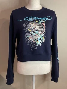 ED HARDY Women Koi Fish Cropped Sweatshirt Pullover Fleece Navy Eclipse Sz M NWT - Picture 1 of 9