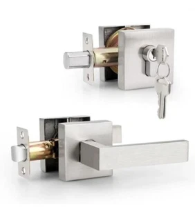 Probrico 4 Pack-Passage Door Lever with Single Cylinder Deadbolts Combo  - Picture 1 of 8