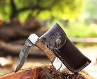 Handmade Wood Damascus Steel Folding Pocket Knife, Hunting Camping W/sheath