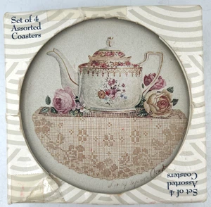 Coaster Stone Set of 4 Round Coasters Teapot Pattern Vtg Cottagecore retro - Picture 1 of 7