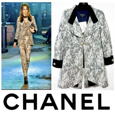 Chaqueta Larga 7K Chanel 2016 Gris Blanco Encaje 34 36 38 2 4 6 Abrigo CC Logo Gris M S Foto 1 de 4