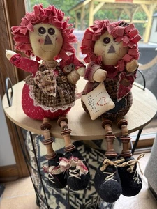 Vintage Primitive Style Raggedy Ann & Andy Cloth Dolls Pair Of Shelf Sitters - Picture 1 of 11