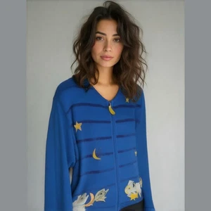 Quacker Factory Blue Chenille Yellow White Embroidered Angels Cardigan Plus 1X - Picture 1 of 10
