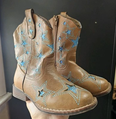 Niñas Wonder Nation Botas de Vaquero Azul Estrella Bordado Talla 11 Marrón Cremallera Hippie Foto 1 de 4