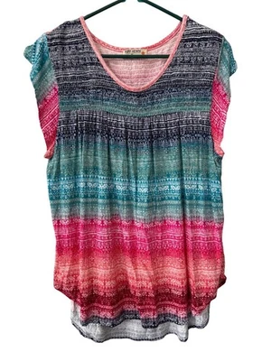 Ruff Hewn Blouse Size XL Flutter Sleeve Smocked Geometric Print Boho Pink Blue - Image 1 of 4