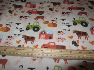 2 Yards Cream Farm Animal/Horse/Cow/Sheep/Pig/Chicken/Duck Flannel Fabric - Picture 1 of 1