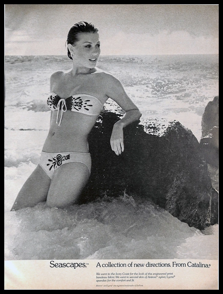 1976 年 Catalina 比基尼复古印花广告游泳套装象牙海岸海 B&W 20 世纪 70 年代 — 第 1/1 张图片