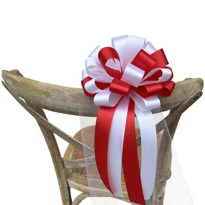 Red & White Wedding Pull Bows with Tulle Tails - 8" Wide, Set of 6, Christmas - Image 1 of 3