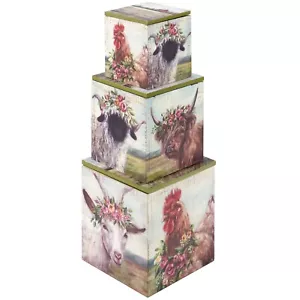 Set of 3 Decorative Wooden Hinged Boxes - Farmhouse Animals With Floral Crown - Picture 1 of 4