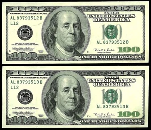1996 SAN FRANCISCO $100 FRN BIG BEN's 2 CONSECUTIVE NOTES CU FR# 2175-L - Picture 1 of 2