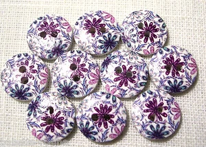 15/111 - BOUTON BOIS ROND ** 15 mm ** Qté x6 ou x10 - Fleur bleue mauve - Picture 1 of 1