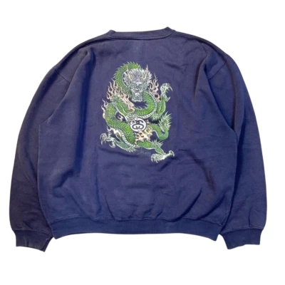 OLD STUSSY 1990s Dragon Pattern Sudadera Azul Marino Talla XL Hecho en EE. UU. - Imagen 1 de 4