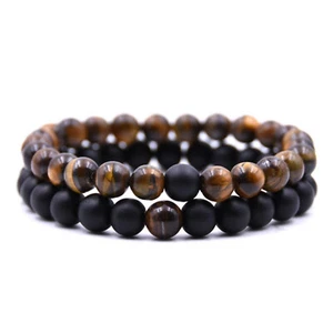 8 mm Natürlicher Tigerauge Stein & Schwarz Matt Perlen Herren Damen Armbänder Set - Bild 1 von 4