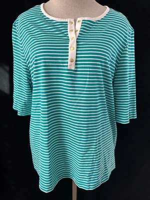 Coral Bay 女式针织上衣,尺寸 1X 短袖套头蓝绿色条纹 — 第 1/4 张图片