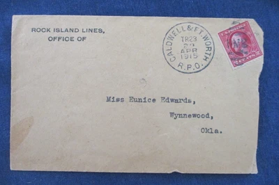 1915 Caldwell & Ft Worth RPO Cancel Rock Island RR Обложка для Wynnewood Oklahoma - Изображение 1 из 2