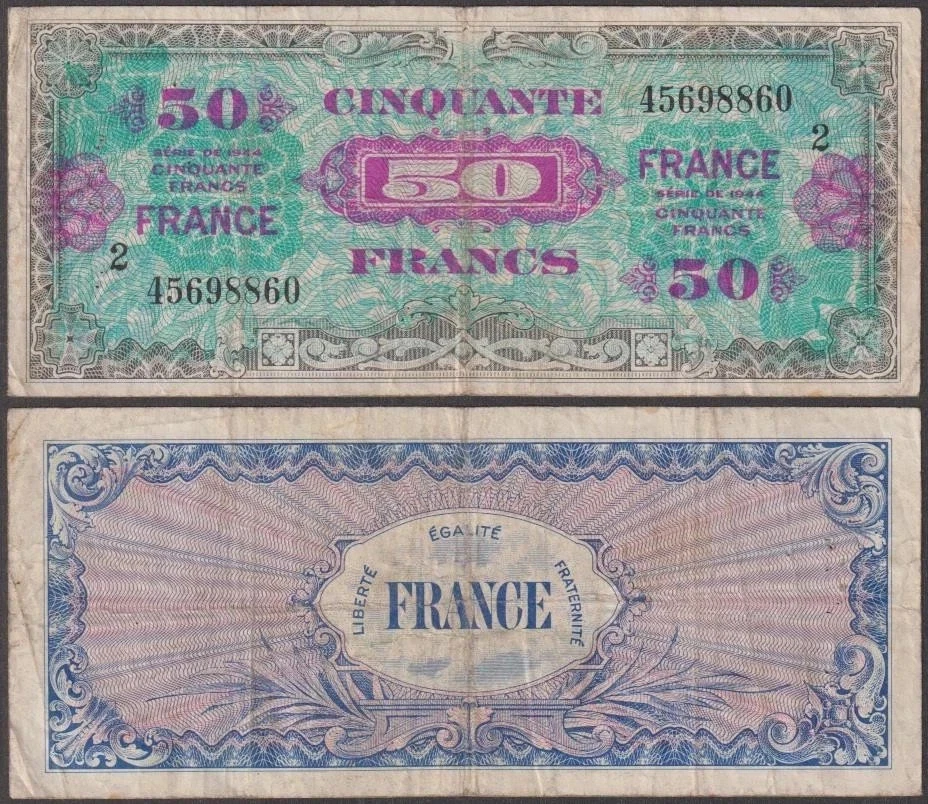 1944 FRANCE WORLD WAR II ALLIED MILITARY CURRENCY 50 FRANCS PAPER NOTE FINE - image 1 of 1