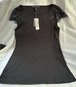 Camiseta Top WHBM Lentejuelas Encaje Manga Gorra Negra Cuello Barco XS NUEVA CON ETIQUETAS - Imagen 1 de 4