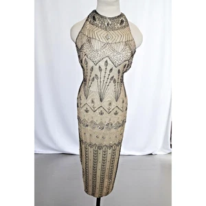 Adrianna Papell Evening Beaded Silk Dress – Size 12 – Nude Black Art Deco Formal - Picture 1 of 19