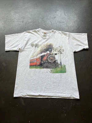 Vintage 90s Train  Air Waves Textured Print Single Stitch Graphic Shirt Gray L - Image 1 of 4