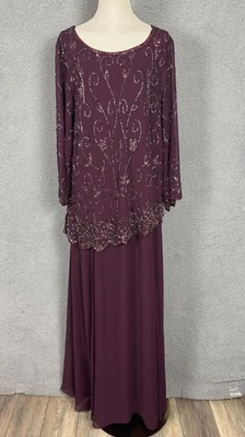 Vestido de Noche Jkara Talla Grande Ciruela Cuentas Mangas 3/4 Escote Redondo 24W Nuevo con Etiquetas Foto 1 de 4