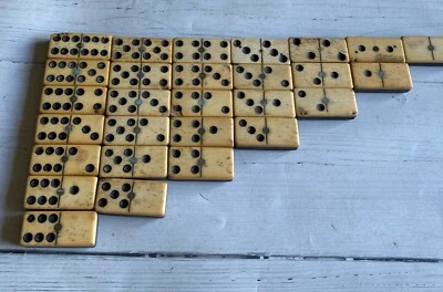 ANTIQUE METAL PINNED Bone & Hard Wood DOMINO SET of 28 Dominoes - Image 1 of 4