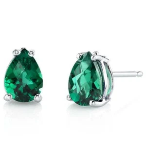 1.5Ct Lab-Created Green Emerald Classic Solitaire Stud Earring White Gold Plated - Picture 1 of 3