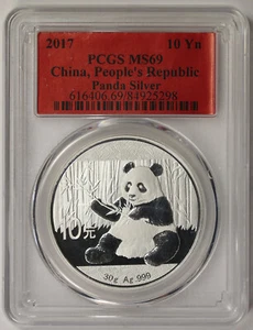 2017 China Panda Silver 30 grams 10Y 10 Yuan MS 69 PCGS Red Label - Picture 1 of 4