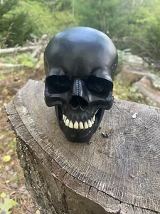 hand carved wooden skull 4 1/2 Inc High 3 1/2Width Black Wood - Picture 1 of 7