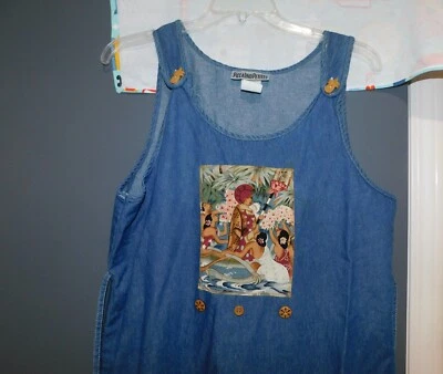 NINA PICCALINO DRESS 90s DENIM JUMPER MAXI DRESS HAWAIIAN PINEAPPLES 12 P - Image 1 of 4