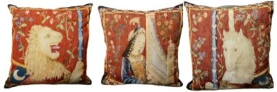 3 Large Gorgeous French Medieval Lion, Unicorn, Lady Tapestry Pillows 19" x 19" - Image 1 of 4