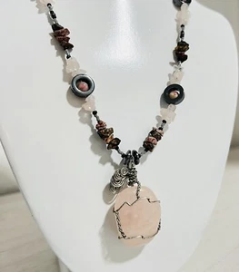 Natural Pink Rose Quartz Necklace Grey Hematite Beads Long Chain Boho Chic - Picture 1 of 12