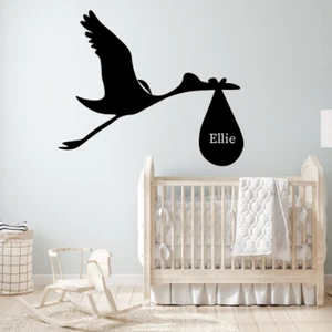 Stork Delivering a Baby Personalised Name Vinyl Wall Sticker - Nursery Decor - Picture 1 of 8