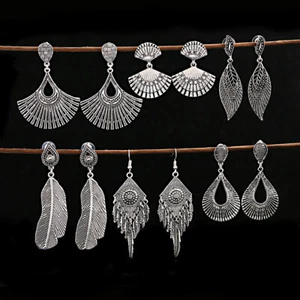 Hot Retro Bohemian Boho Women Antique Silver Hollow Flowers Hook Dangle Earrings - Picture 1 of 54