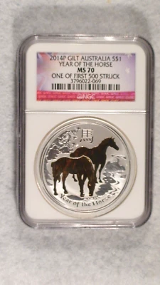 2014 P GILT AUSTRALIA NGC MS70 YEAR OF THE HORSE 1  OZ PERFECT SILVER $1.00 COIN - Image 1 of 4
