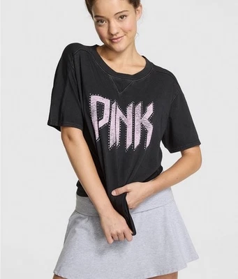 VICTORIA SECRET PINK BLING BLACK BAND CAPSULE RETRO COTTON BOXY TEE LARGE - Image 1 of 2