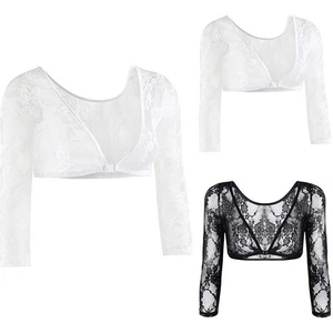 Women Mesh Lace See Through Crop-Tops Sheer Seamless Shaper Shirt Shrugs - Picture 1 of 27