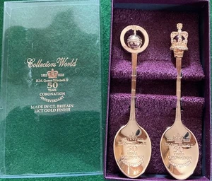 Collectors World Queen Elizabeth II 50 Years Coronation Spoons 22ct Gold Finish - Picture 1 of 11