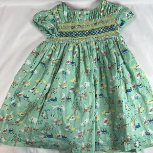 Mini Boden Girls 6-7Y Bunny Cottage Dress Smocked Green~EUC - Picture 1 of 8