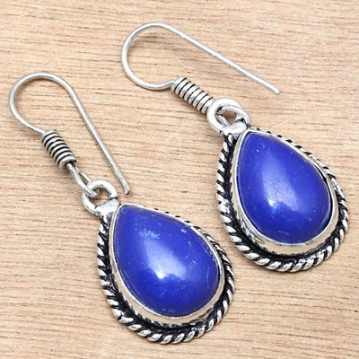 Подарок ручной работы для нее серебряные ювелирные серьги 1,5 дюйма с голубым халцедоном - Изображение 1 из 4