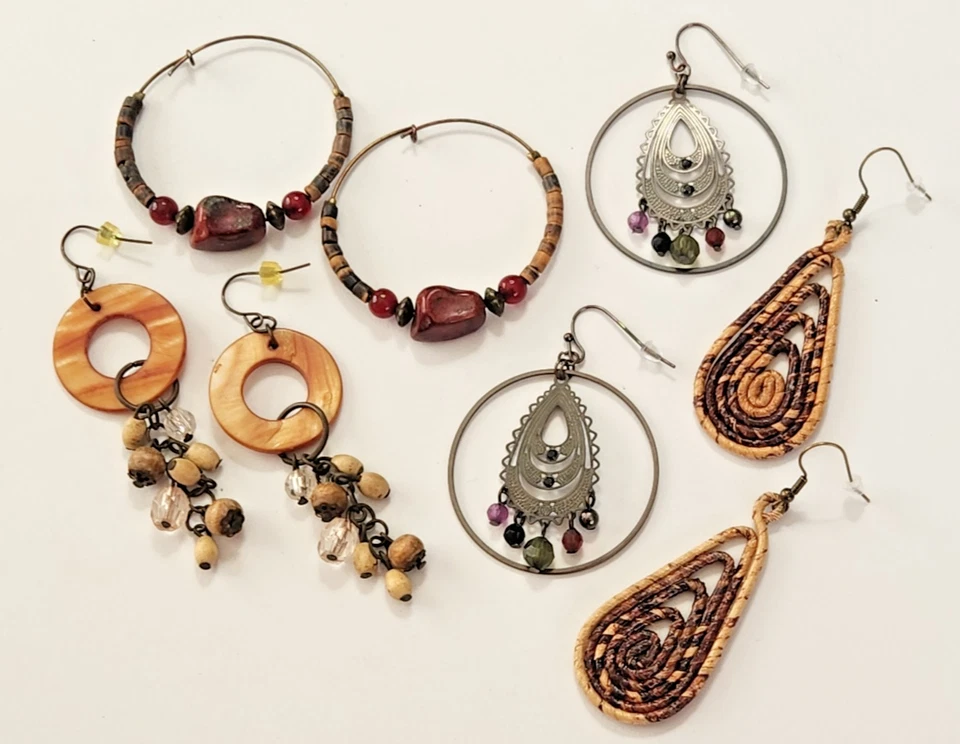 Lote de 4 pendientes perforados boho con cuentas aros colgantes madera vidrio piedra ratán pr Foto 1 de 4