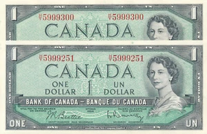 Canada Lot of 50 H/Y Modified Notes in a row $1 Dollar 1954 - AU/UNC - Picture 1 of 3