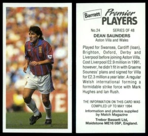 Dean Saunders #24 Barratt Premier Players 1994 Basset Candy Card - Picture 1 of 1