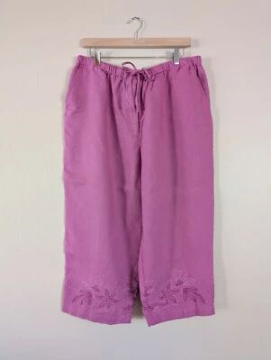 Pantalones de lino de cintura alta púrpura de pierna ancha con bordado floral - talla grande 18 Foto 1 de 4