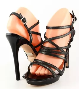 $215 BADGLEY MISCHKA XUAN Black Metallic Designer EVENING Strappy Heel Sandals 8 - Picture 1 of 4