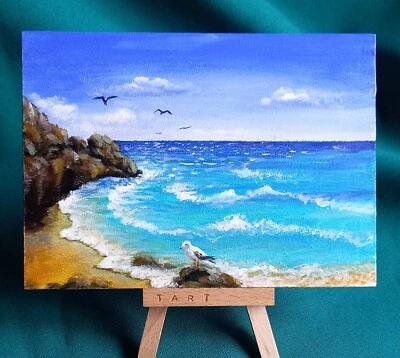 Pintura Acrílica Original Paisaje Mar Playa Gaviota Pequeño Arte de Pared 5 x 7 pulgadas Foto 1 de 4