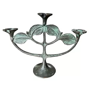 Vintage Bronze Candelabra 3 Candle Holder Flower Cups Leaf Stand 11.5”x 9” - Picture 1 of 6