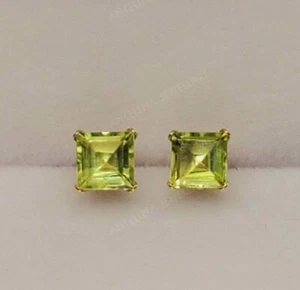 3.0Ct Princess Peridot Solitaire Push Back Stud Earrings 14K Yellow Gold Finish - Picture 1 of 5